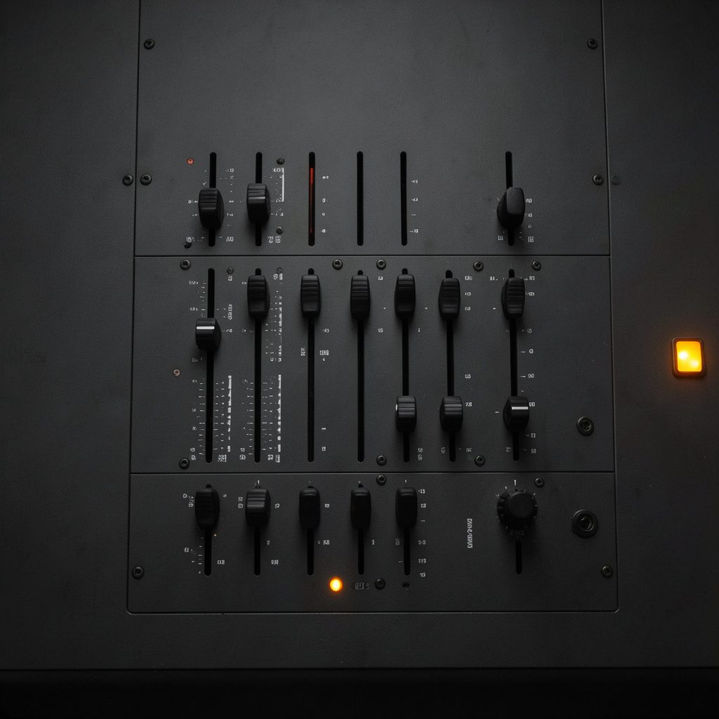A symmetrical photograph of audio mixing faders on a dark charcoal console accented by a single amber indicator light