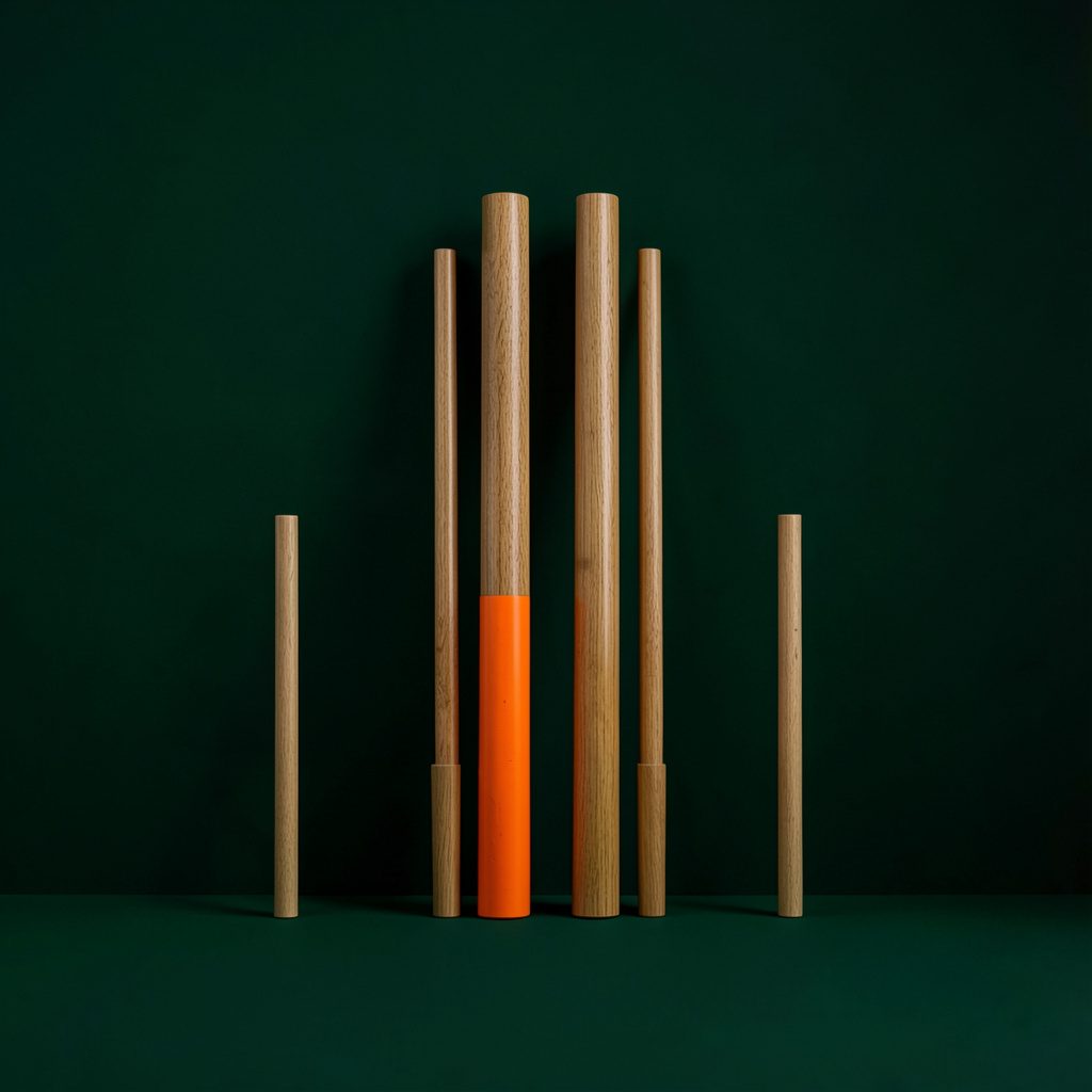 A clean symmetrical composition of wooden percussion instruments against a deep forest-green backdrop